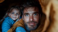 Caucasian father with beard and blue eyes sharing tender moment with young daughter in cozy brown hoodie, close-up portrait showing family bonding and love.
