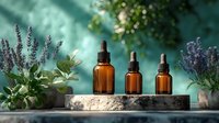 Essential oil amber glass bottles on marble podium surrounded by fresh lavender and herbs against dreamy turquoise background. Natural aromatherapy concept.