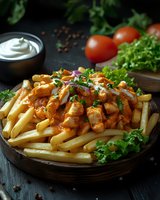 Crispy golden french fries topped with savory meat sauce and fresh herbs on wooden plate with creamy dip and vegetables for restaurant menu design.