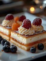 Layered vanilla cream pastry squares topped with whipped cream rosettes, fresh raspberries and blueberries on white plate. Caramel filling visible between layers.
