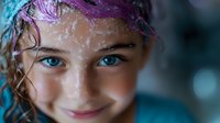 Young girl with bright blue eyes and wet pink-purple hair smiling at camera, close-up portrait with soft bokeh background showing playful expression and vibrant hair color.