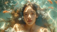 Young Asian woman underwater with flowing hair and goldfish swimming around her face in dreamy aqua water with sunlight creating magical bubbles and reflections.