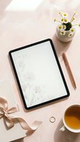 Digital tablet mockup with blank screen on pink marble surface surrounded by chamomile flowers, tea cup, stylus pen and silk ribbon for branding presentations.