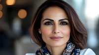 Middle Eastern businesswoman with confident smile wearing blue patterned scarf and professional attire against blurred bokeh background, representing leadership and success.