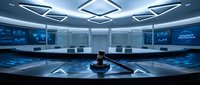 A judge's gavel rests on a reflective surface in a modern courtroom with blue-toned lighting, multiple computer monitors, and geometric ceiling design, suitable for legal, technology, and justice-related projects.