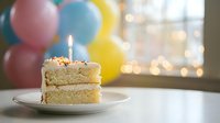 Birthday cake slice with lit candle on white plate, colorful balloons and warm bokeh lights creating festive celebration atmosphere for party moments.