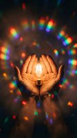 Hands holding glowing light bulb with colorful bokeh lights background representing innovation creativity and bright ideas for business concepts.