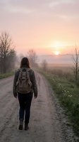 Woman with long dark hair wearing canvas backpack jogging on rural dirt road at sunrise through misty countryside landscape with bare trees and wildflowers.