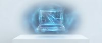 Glowing laptop with digital interface and data visualization on white platform, representing technology, computing, and digital transformation for business and innovation concepts.
