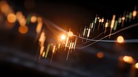 Financial market data visualization with glowing candlestick charts and bokeh lights showing trading analytics and investment growth trends.