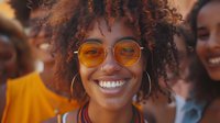 Young African American woman with natural curly hair and yellow sunglasses smiling broadly, showing genuine joy and confidence against blurred background of friends.