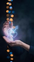 Open hands holding glowing holographic symbols with percentage, arrow and heart icons against dark background with colorful bokeh lights for business concepts.