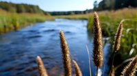Scenic summer river landscape with golden foxtail grass in foreground, flowing water and forest background creates serene natural atmosphere.
