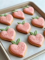 Heart-shaped strawberry cookies with pink icing and green leaves on baking sheet. Sweet treats for Valentine's Day, summer parties, or dessert table.