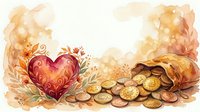 Watercolor heart with floral ornament and gold coins spilling from a bag, warm autumn tones, romantic wealth concept for cards and prints.