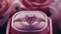 Heart-shaped pink diamond engagement ring in luxury box with rose background, perfect for wedding, jewelry, and romance design projects.