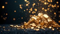 Golden metallic nuggets and fragments scattered on dark surface with magical bokeh lights and sparkles creating luxurious atmosphere for jewelry or wealth concepts.
