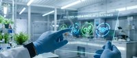 Scientist in laboratory examining futuristic holographic interface displaying molecular structures and compliance circular strategies data.