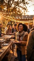 Young African American woman laughing at outdoor dinner party with string lights and friends enjoying evening meal together in warm autumn atmosphere.