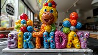 Colorful balloon-style letters spelling birthday with cheerful clown decoration on top, made from modeling clay or fondant. Party cake topper on white ceramic base.