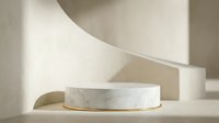 Marble podium with gold trim on beige background, elegant product display stand for cosmetics, luxury branding, and showcase presentations.