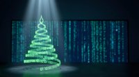 Digital Christmas tree made of green binary code numbers on dark tech background with matrix data streams for holiday technology concepts.