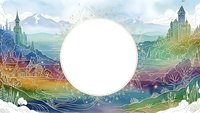 Colorful gradient landscape frame with white circle space for text, featuring mountains, castles, trees and decorative elements for design projects.
