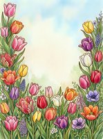 Colorful watercolor tulip garden border with copy space, featuring pink, red, yellow, purple blooms and anemones for spring greeting cards.