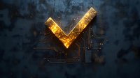 Glowing golden checkmark symbol with circuit board pattern on dark background, illuminated with particles and digital connections for technology approval concept.