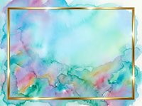 Watercolor abstract background with soft pastel colors blending across canvas, featuring pink, blue, green and yellow hues. Gold frame border isolated on white background, suitable for invitations, greeting cards, social media graphics and design projects.
