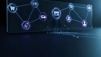 Digital network with glowing icons representing ecommerce, finance, and technology connections on dark blue background for business presentations.