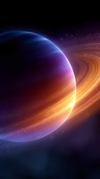 Majestic gas giant planet with glowing rings and atmospheric storms in deep space, illuminated by distant star creating dramatic purple and orange cosmic glow.