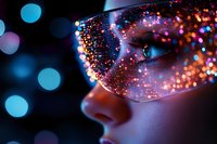 Woman wearing sparkling sequined masquerade mask with colorful bokeh lights creating magical carnival atmosphere for party celebrations.