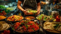 Fresh colorful dishes prepared by chef in restaurant kitchen, variety of healthy salads and appetizers served in rustic bowls for catering or buffet service.