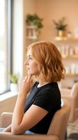 Young Caucasian woman with wavy blonde bob haircut in black shirt sitting thoughtfully by window in modern cozy cafe interior with warm natural lighting.