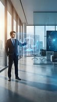 Young Caucasian businessman in dark suit interacting with holographic justice scales in modern glass office with city skyline view for legal technology concepts.