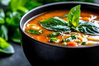 Fresh tomato soup garnished with basil leaves in black ceramic bowl on dark background, vibrant orange color and herbs create appetizing composition.