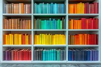 Colorful books arranged by spectrum colors on white wooden shelves creating rainbow pattern. Modern library interior with organized literature collection for reading and education.