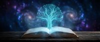 Open book with glowing tree of knowledge emerging from pages against cosmic blue and purple background, symbolizing education, learning, wisdom, and intellectual growth for educational content.