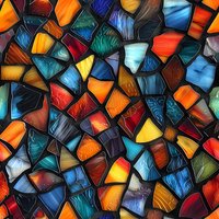 Vibrant stained glass mosaic pattern with irregular shapes in rich blues, oranges, reds and turquoise colors creating an abstract decorative background perfect for spiritual or artistic designs.
