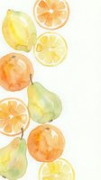 Watercolor citrus fruits and pears border on white background. Fresh organic produce pattern with lemon, orange slices. Food illustration for healthy recipes.