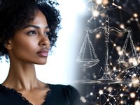 Young African American woman with natural curly hair in professional attire against glowing scales of justice background with sparkle effects and network connections.