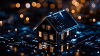 Small house model on computer circuit board with glowing windows and bokeh lights in background creating futuristic smart home technology concept.