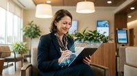 Middle-aged woman with dark hair and South Asian ethnicity, wearing professional dark blazer with pearl necklace, holding tablet device in modern office lobby with plants and contemporary lighting.
