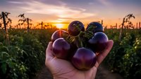 Fresh ripe plums held in cupped hands at sunset in orchard with golden light streaming through vineyard rows creating warm agricultural harvest scene.