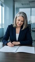 Mature businesswoman with gray hair signing documents at modern office desk wearing navy blazer for corporate and professional use.