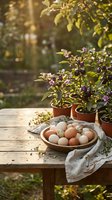 Fresh farm eggs in wooden bowl with herbs and potted plants on rustic table in golden sunlight for organic cooking and sustainable living.