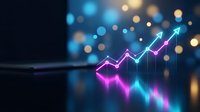 Glowing neon arrow chart showing upward growth trend with colorful bokeh lights background for business success and financial progress presentations.