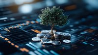 Small green tree growing from stack of coins on financial trading chart background, symbolizing sustainable investment and wealth growth in stock market.