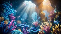 Underwater coral reef scene with vibrant marine life, tropical fish swimming through sunbeams in deep blue ocean waters for nature and diving themes.
